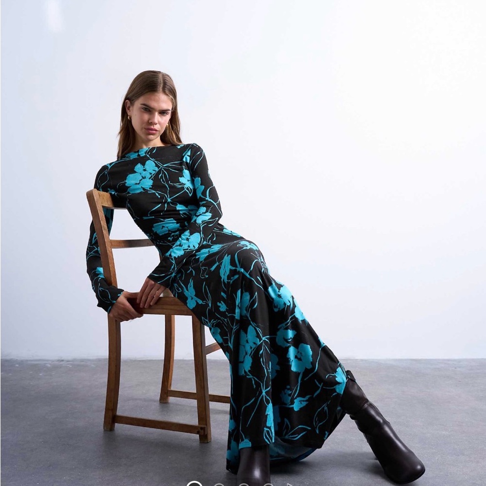 Topshop Black Maxi Dress with Turquoise Floral Print
